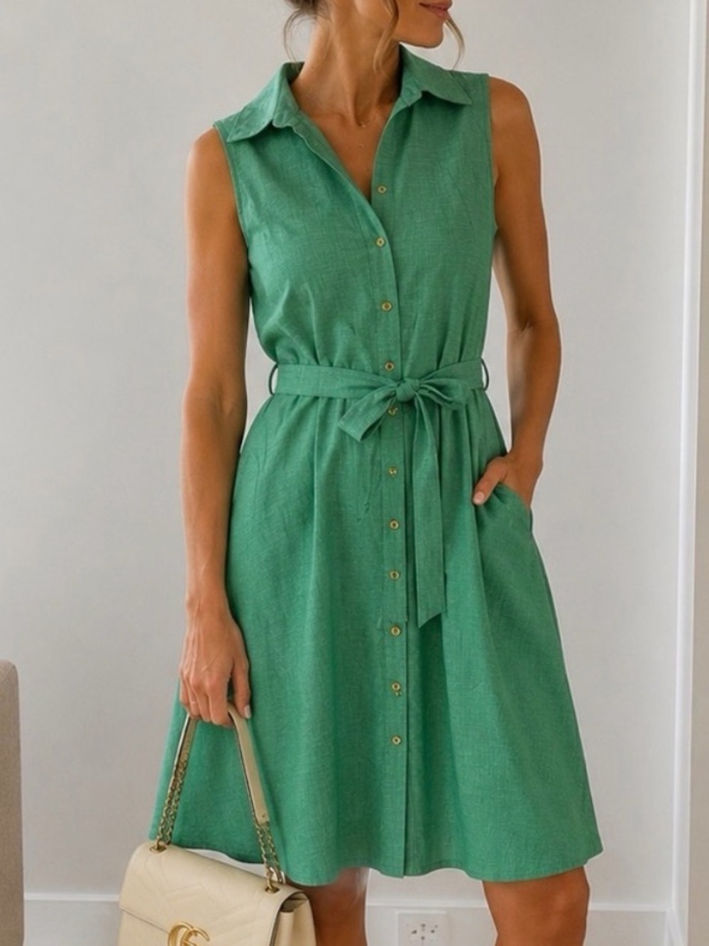 Cotton Sleeveless Collared Shirt Dress in Green